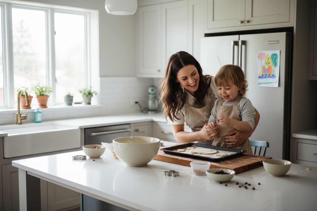 image dune femme avec son enfant dans la cuisine